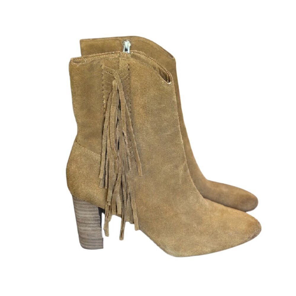 Tall Ankle Brown Suede Booties Tan Women's Size 8.5 Fringe Pointed Toe